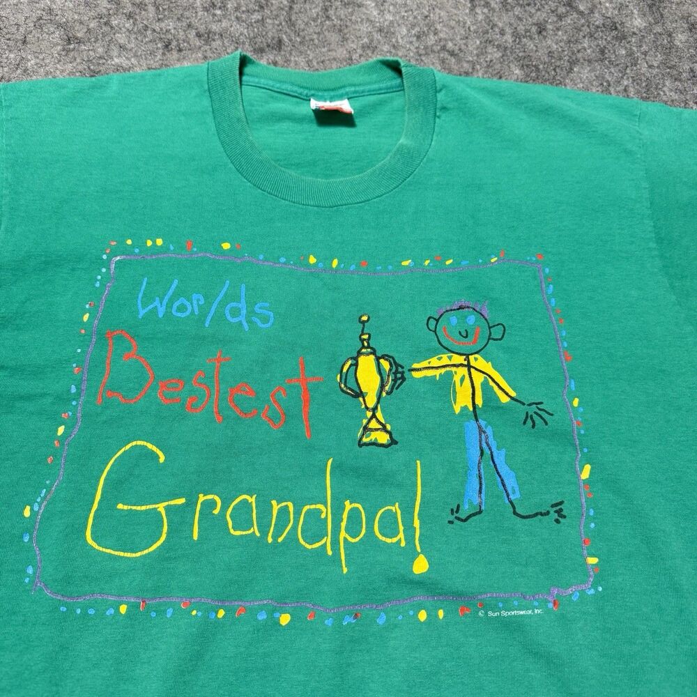 Vintage 90s Worlds Bestest Grandpa T Shirt XL Green Made USA Sun Sportswear Rare